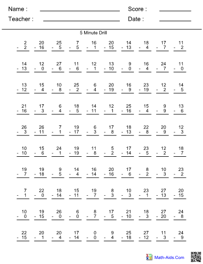 Minute Subtraction Drill Worksheet
