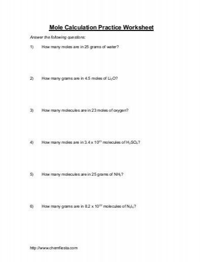 Mole Calculation Practice Worksheet