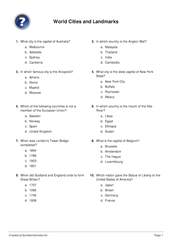 Multiple Choice Question Printable Worksheet