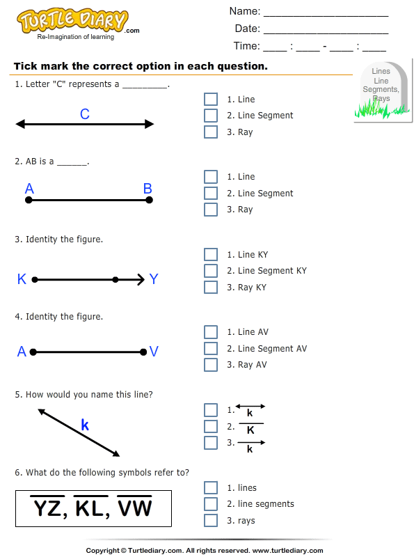 Name Lines, Line Segments, Rays Worksheet