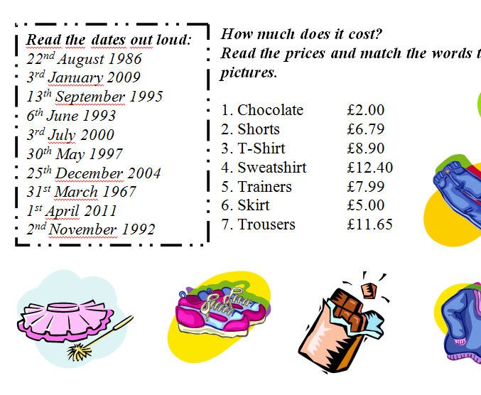 Numbers, Prices And Dates Worksheet