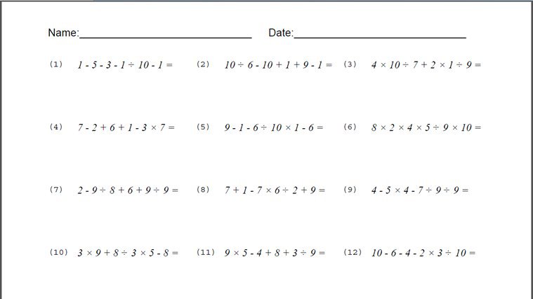 Order Of Operations Worksheet