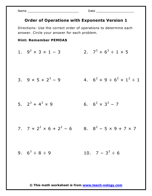Order Of Operations Worksheet With Exponents Free Worksheets