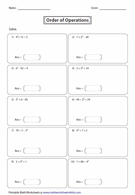 Order Of Operations Worksheets