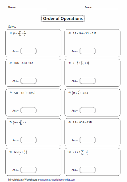 Order Of Operations Worksheets