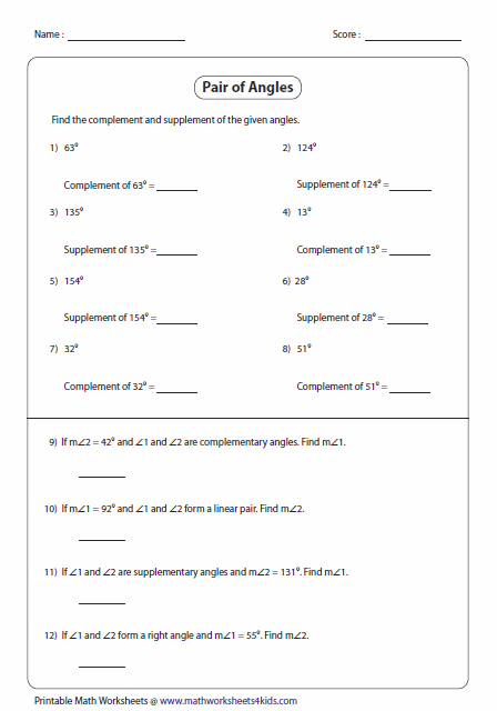 Pairs Of Angles Worksheets
