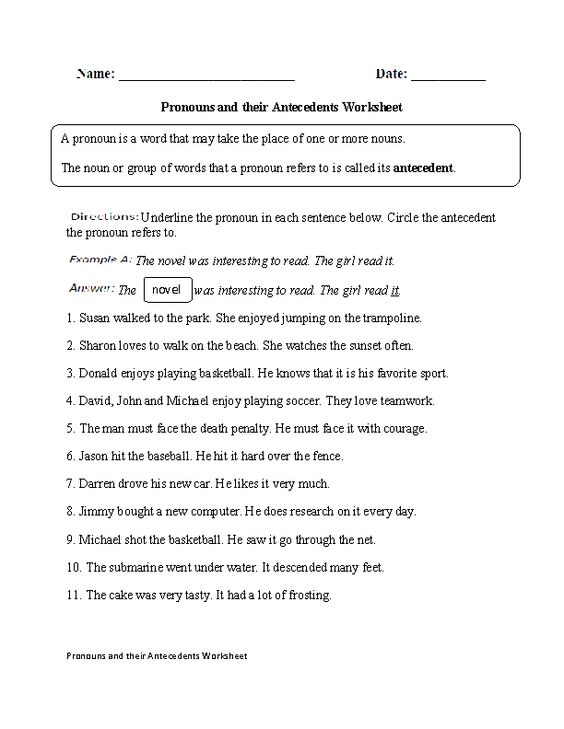 Pronouns And Their Antecedents Worksheet