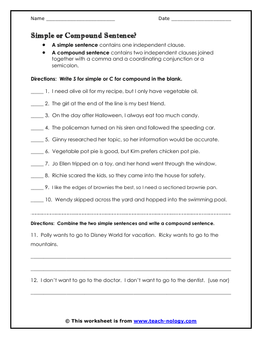 Simple Compound And Complex Sentences Worksheet With Answers