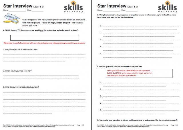 Star Interview Worksheets