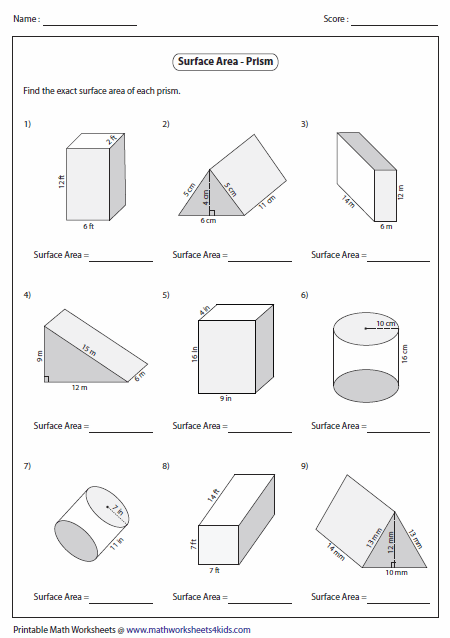 Surface Area Worksheets