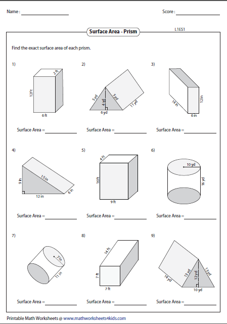 Surface Area Worksheets