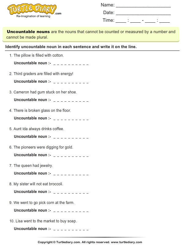 Uncountable Nouns Worksheet