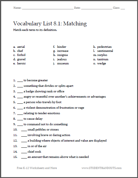 Vocabulary List 8 1  Matching