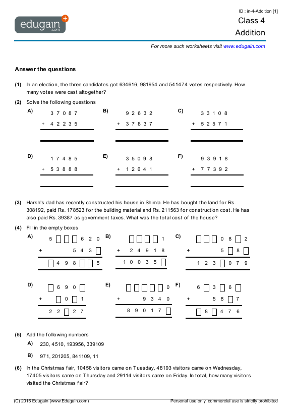 Year 4 Math Worksheets And Problems  Addition