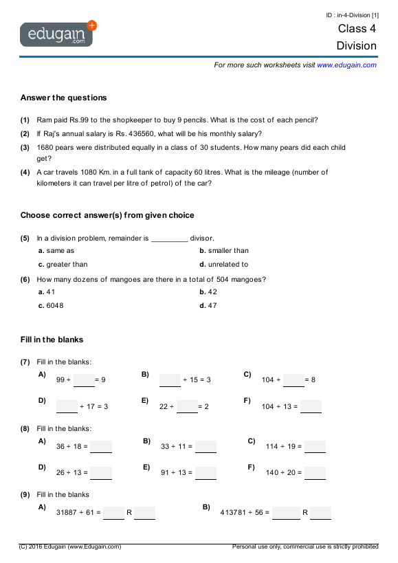Year 4 Math Worksheets And Problems  Division