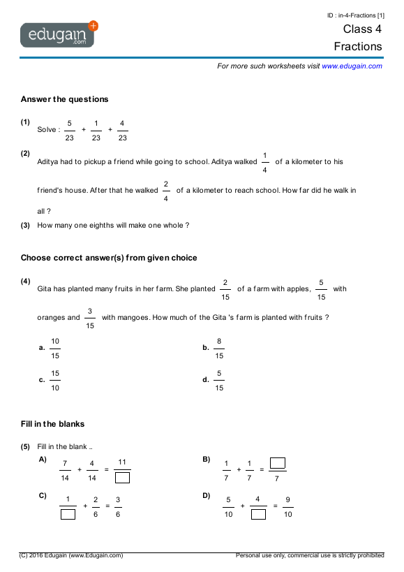 Year 4 Math Worksheets And Problems  Fractions