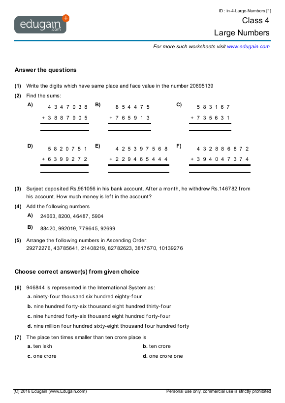 Year 4 Math Worksheets And Problems  Large Numbers
