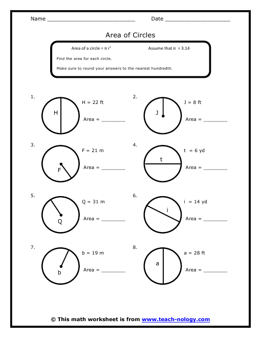7th Grade Area Of A Circle Worksheet