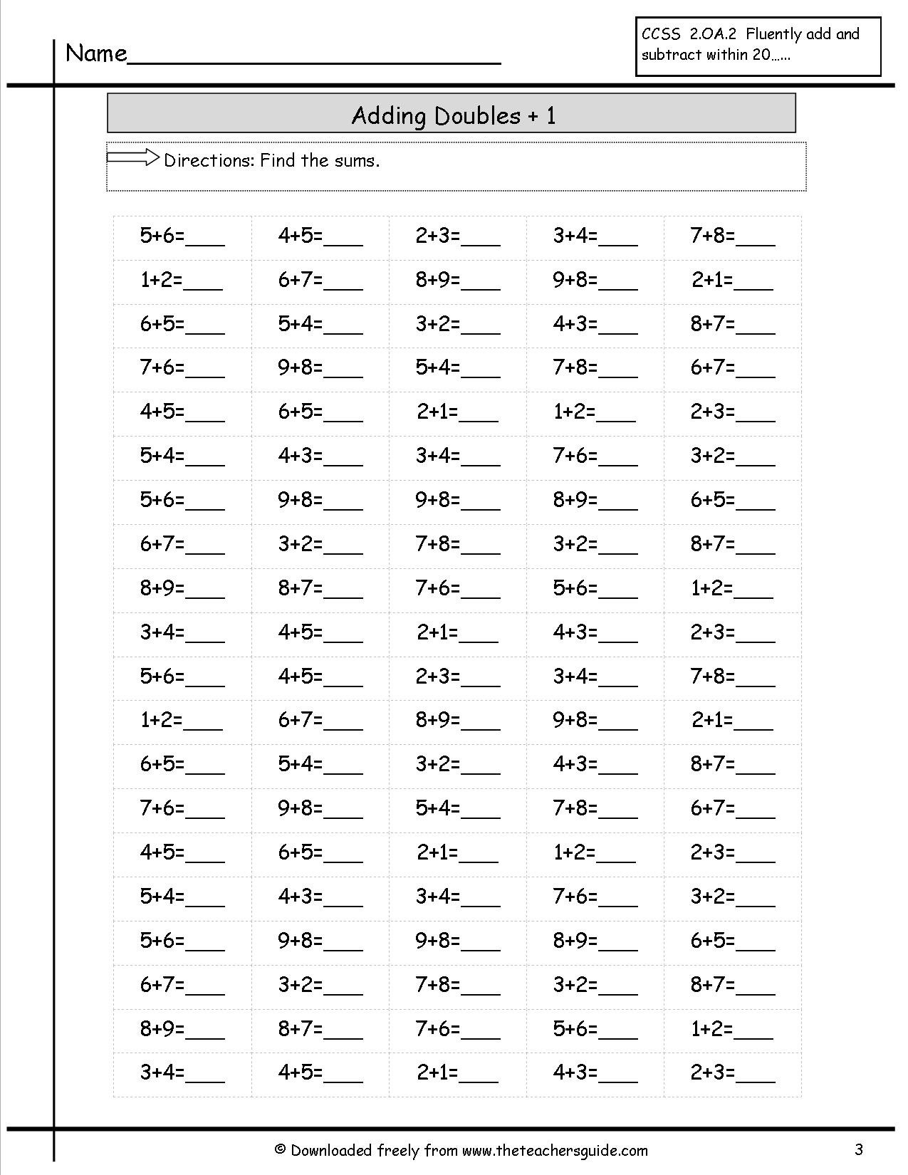 Adding Doubles Plus One Worksheets