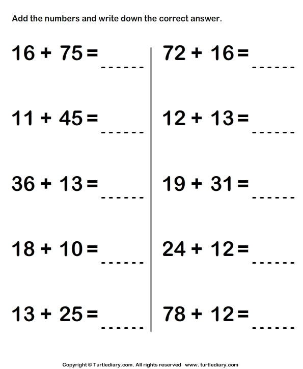 Adding Two Two Digit Numbers Sums Up To Hundred Worksheet