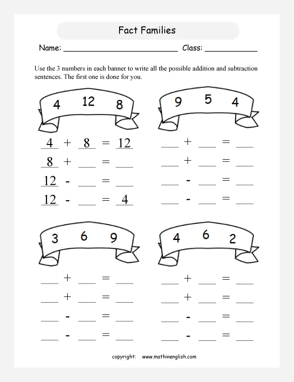 Addition And Subtraction Fact Family Worksheets Free Worksheets