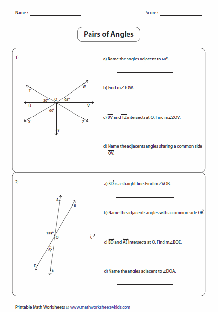 Angle Pair Relationships Worksheet 1 5