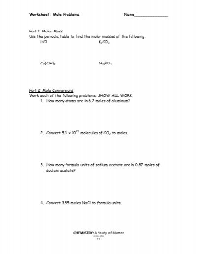 Chemistry Mole Problems Worksheet Worksheets For All