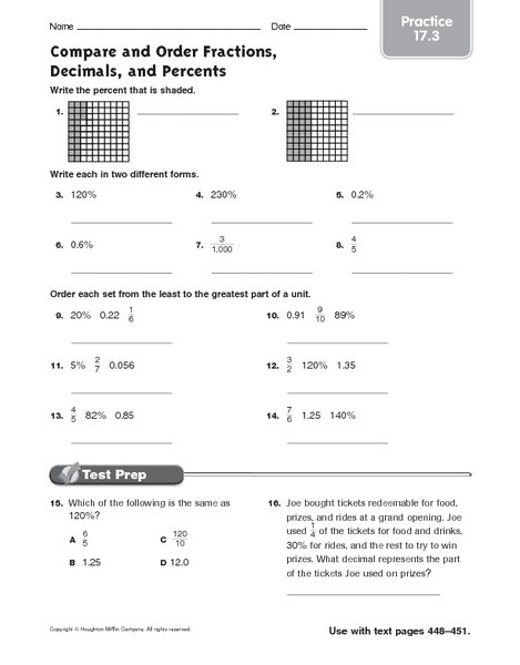 Compare Fractions Decimals And Percents Worksheets Worksheets For