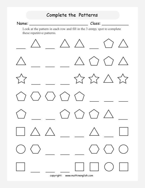 Complete Each Pattern By Drawing The Missing 3 Shapes In Each