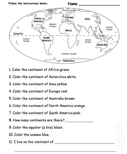 Continents Worksheet