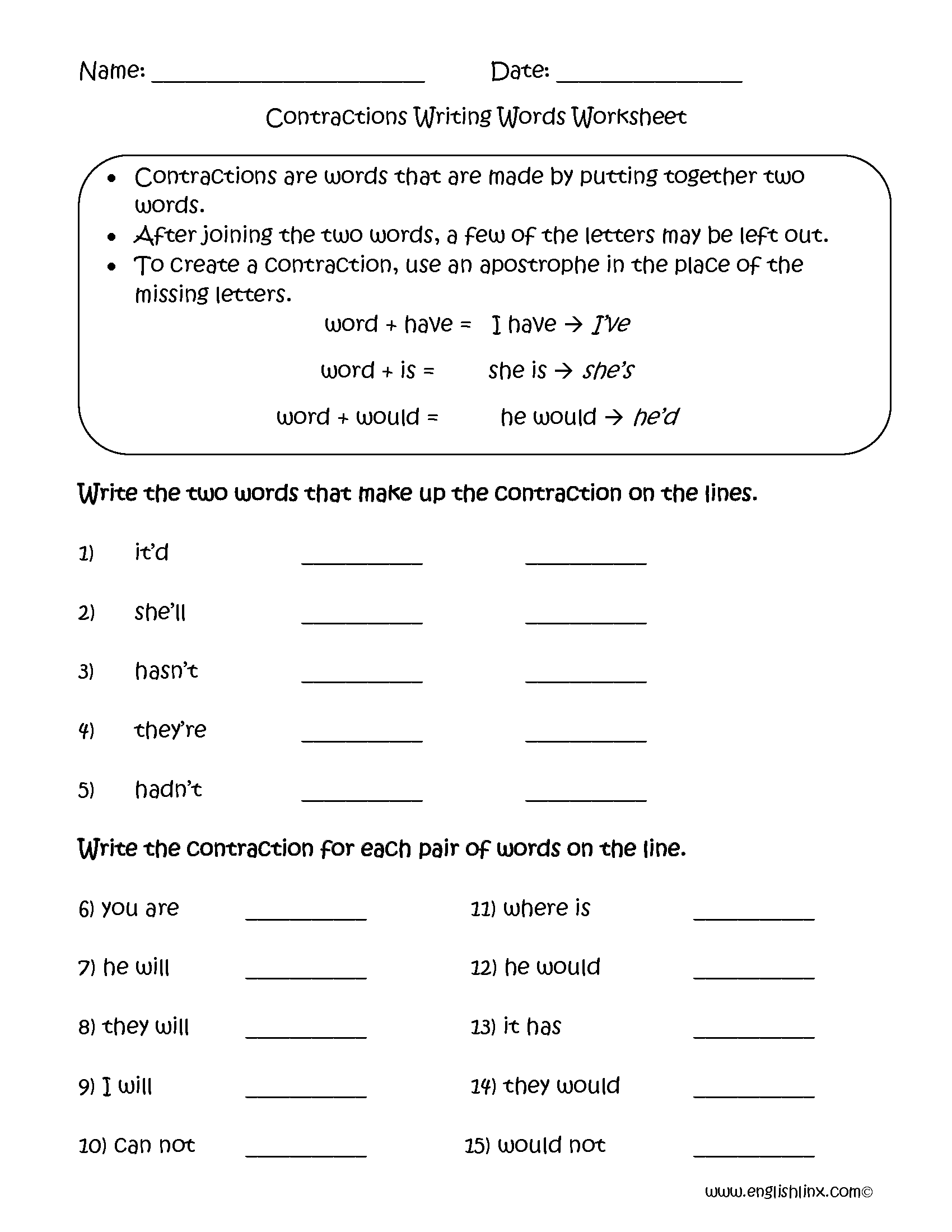 Contractions Practice Worksheet Worksheets For All