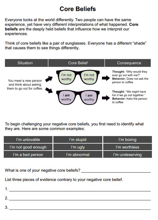 Core Beliefs Worksheet For Self