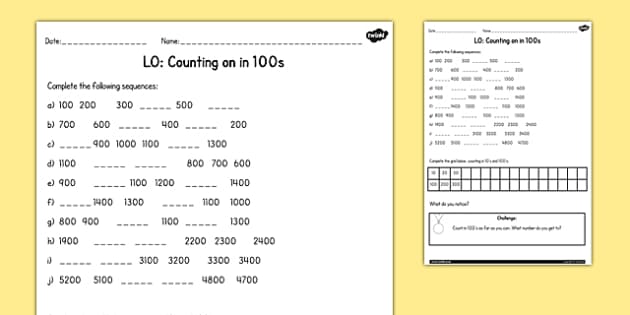 Counting In 100s Worksheet   Activity Sheet