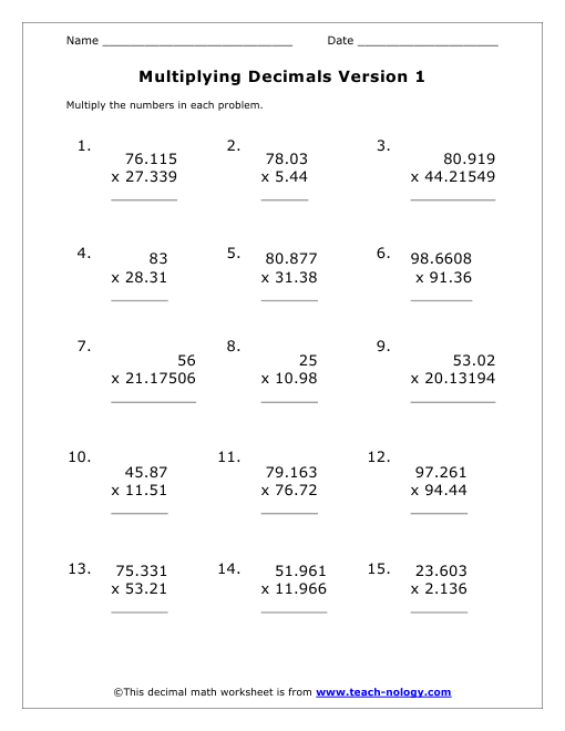 Decimal Multiplication Worksheets Worksheets For All