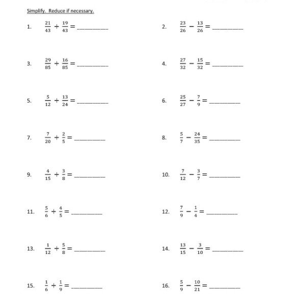 Fifth Grade Adding And Subtracting Fractions Worksheet 06 â One Free
