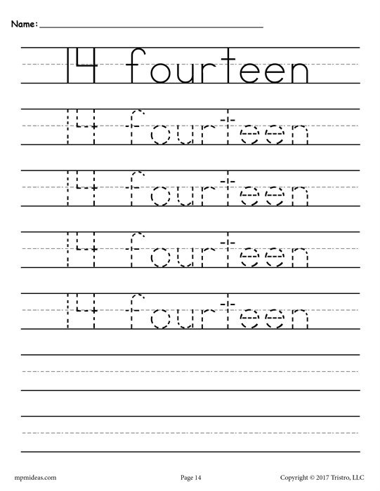 Free Number 14 Tracing Worksheet