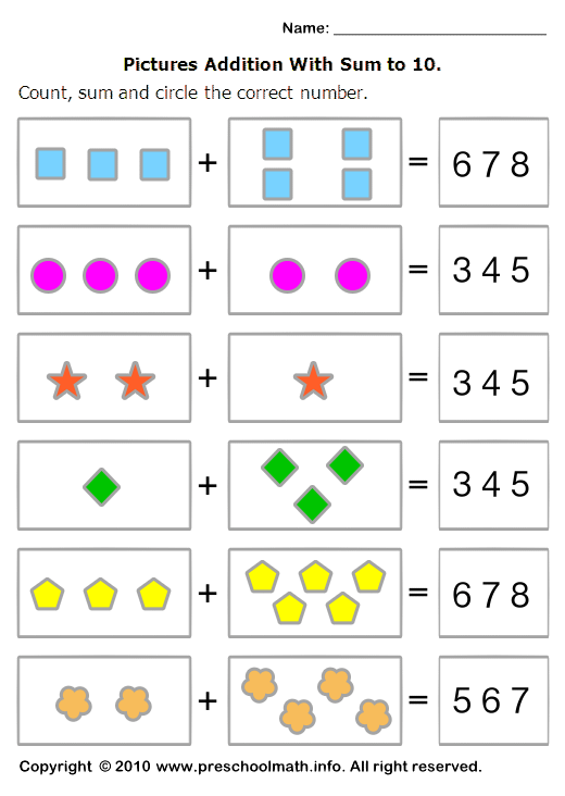 Free Preschool Addition Math Worksheets