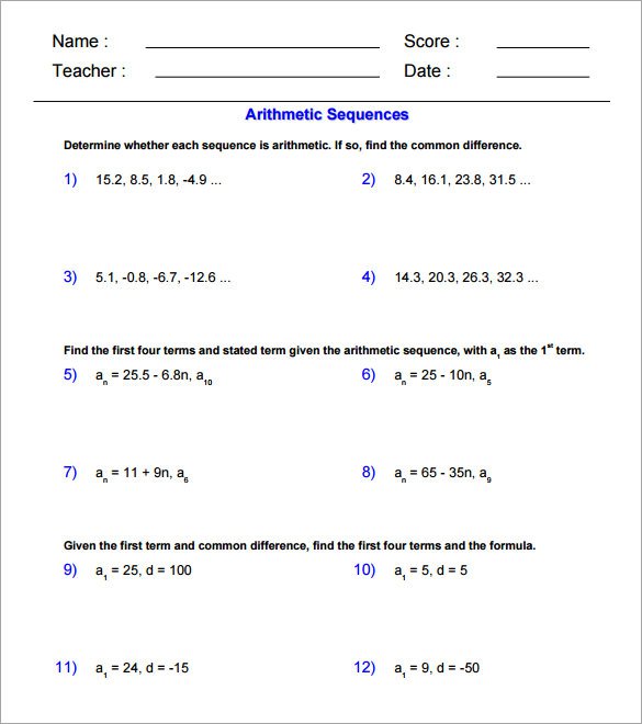 Geometric Sequences Worksheet