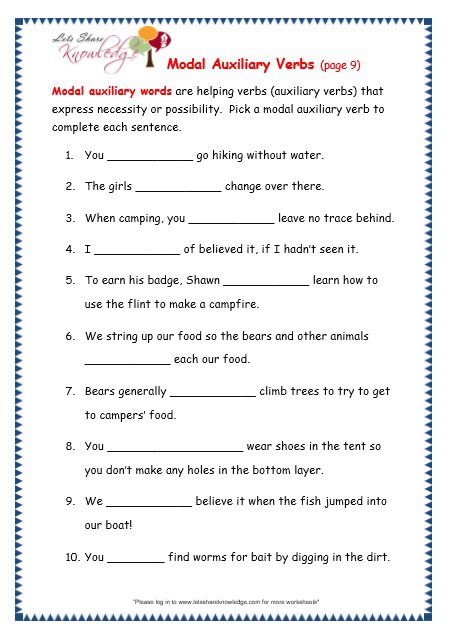 Grade 3 Grammar Topic 40  Modal Auxiliary Words Worksheets