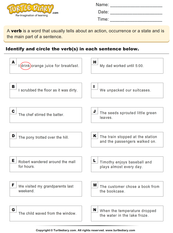 Identify The Verbs In A Sentence Worksheet
