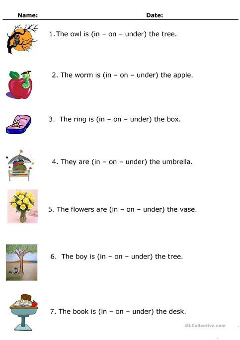 In, On Or Under Worksheet