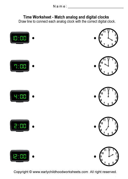 Matching Digital And Analog Clocks Worksheets