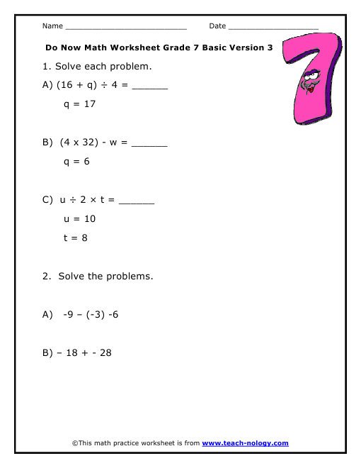 Math Grade 7 Worksheets Worksheets For All | Free Worksheets Samples