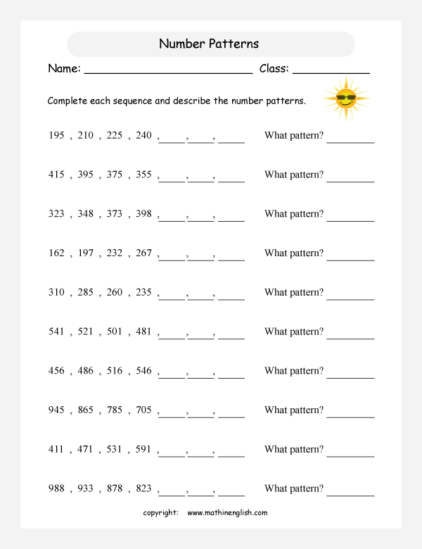 Grade 3 Math Patterns Worksheets