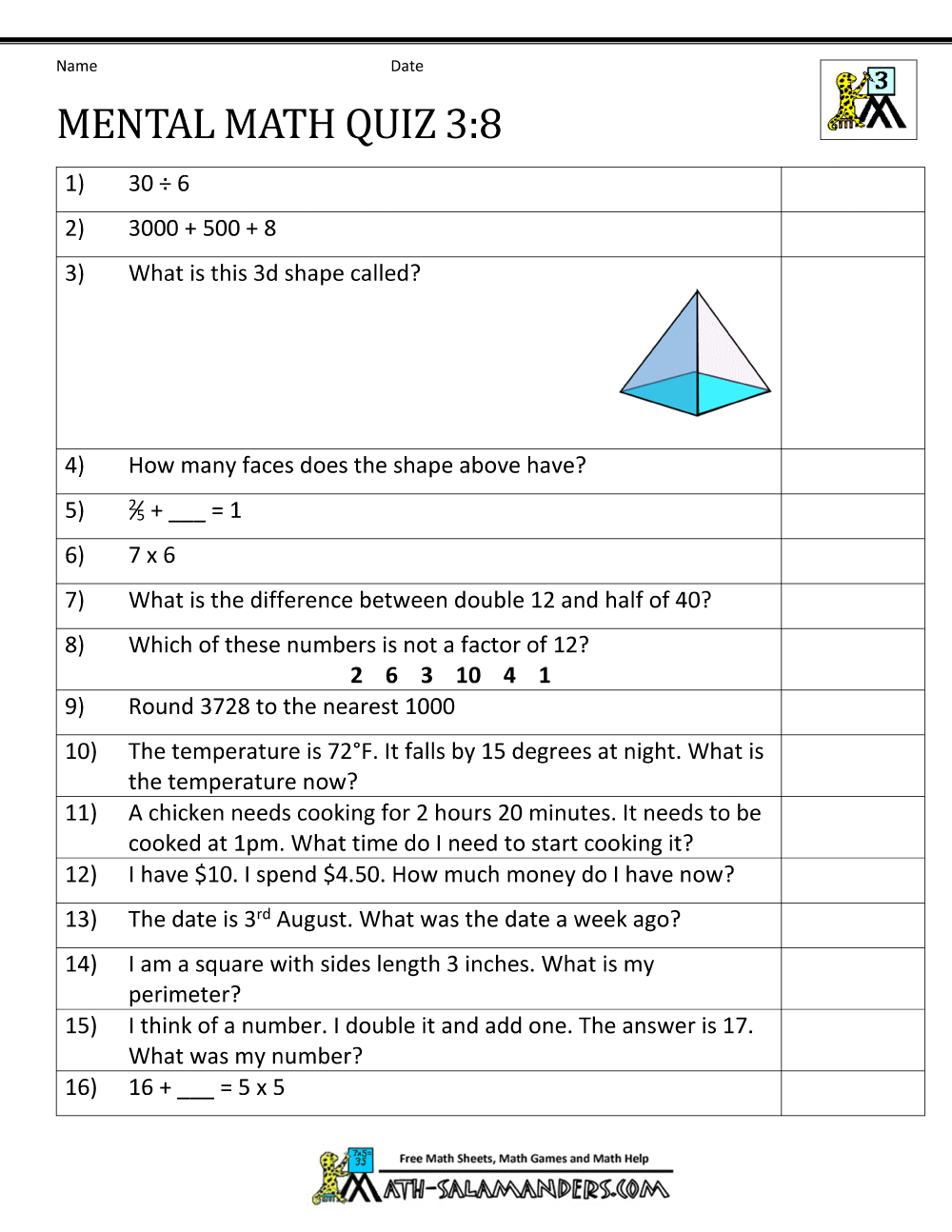 Mental Math 3rd Grade Q