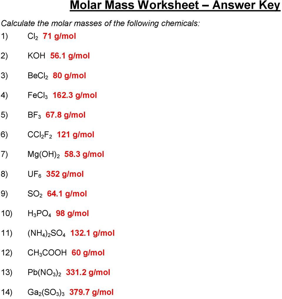Molar Mass Worksheet Answer Key Pdf, Molar Mass Worksheet Answers
