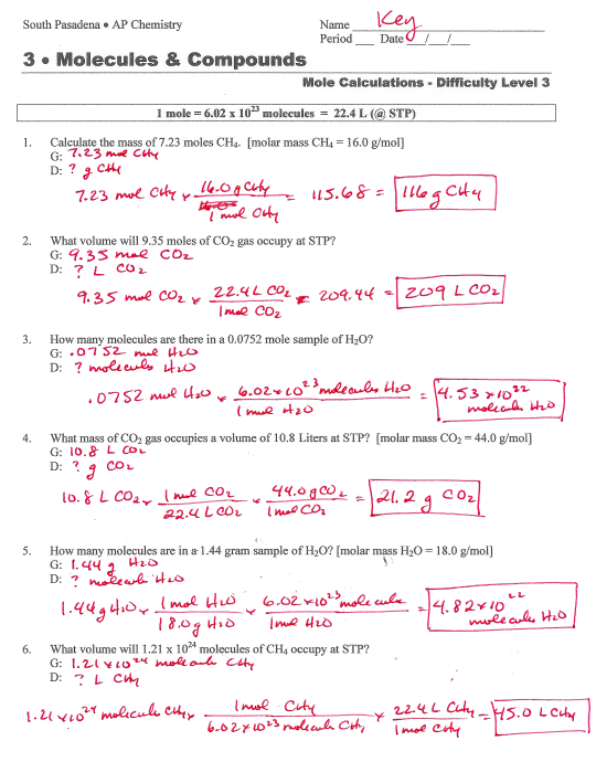 Mole Calculation Worksheet Answer Key