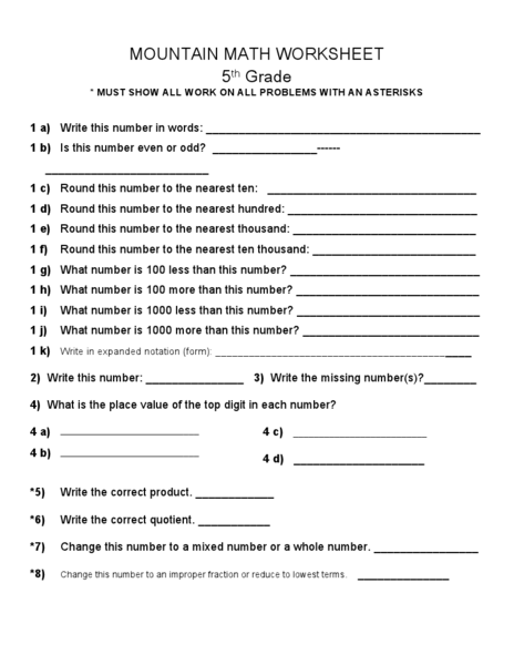 Mountain Math 1st Grade Worksheet