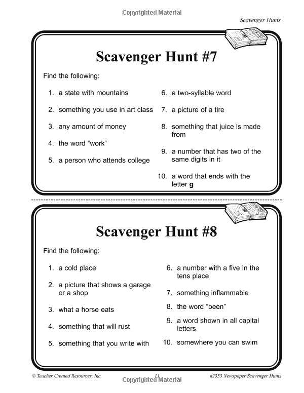Newspaper Scavenger Hunt Worksheets