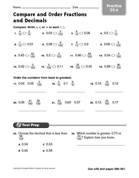 Ordering Fractions And Decimals From Least To Greatest Worksheet
